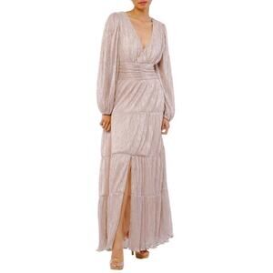 CIEBON Ashlyn Long Sleeve Metallic Plissé Maxi Dress In Gold Size Small NWT